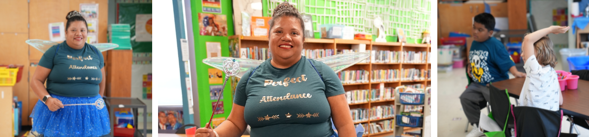 Attendance Fairy visiting classrooms at Ortega 