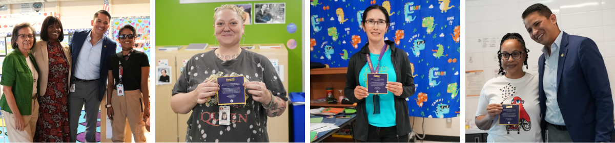 Teacher assistants take photo with their Golden Rave pins