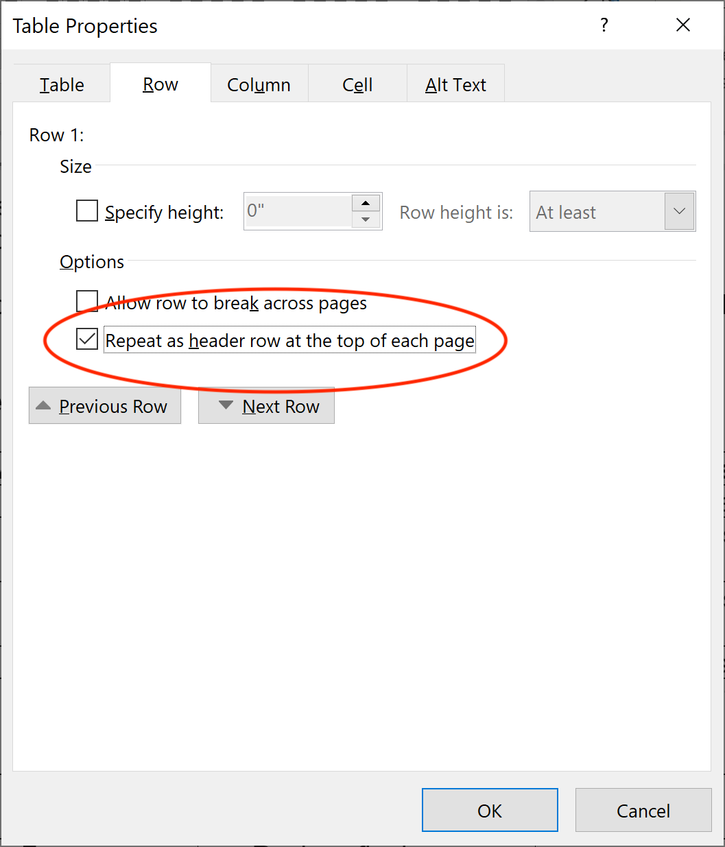 Table Properties screenshot showing checkmark Repeat as header row at the top of each page