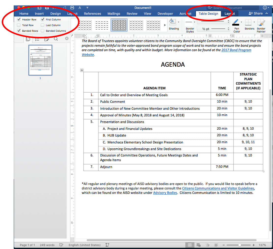 Screenshot of the Design Tab and checkbox options for Header Row, First Column