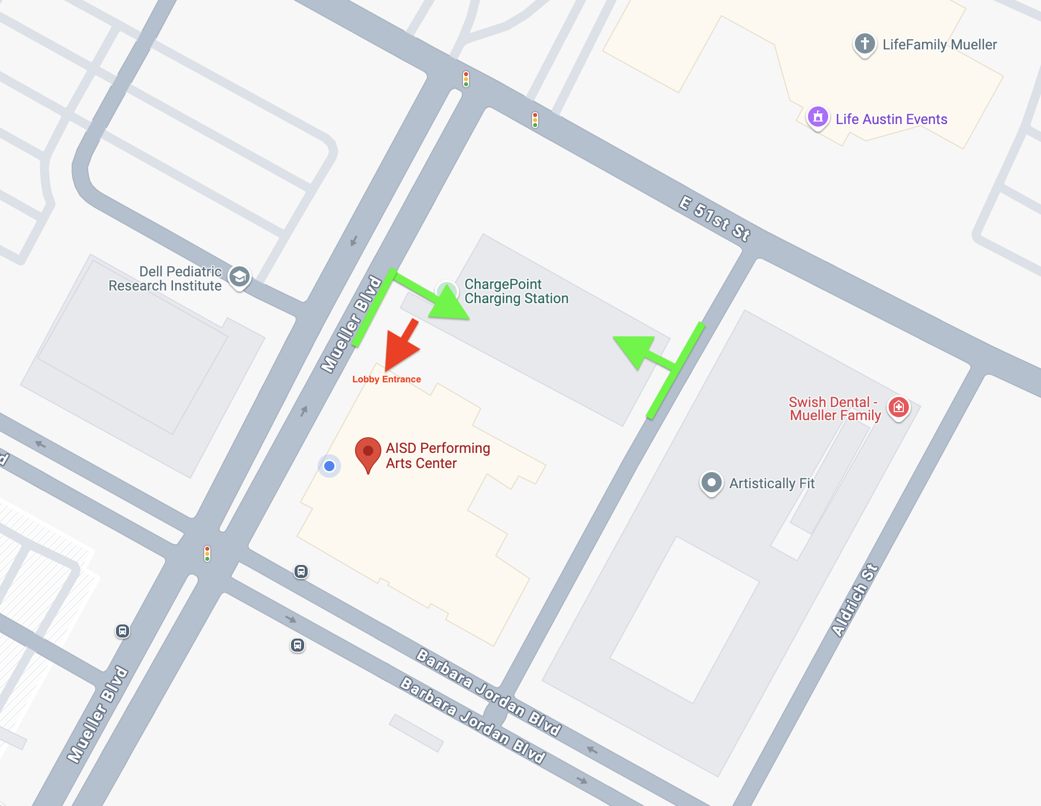 Map displaying location of PAC parking and PAC lobby entrance