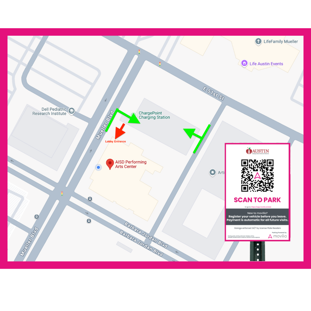 Map displaying location of PAC parking and PAC lobby entrance